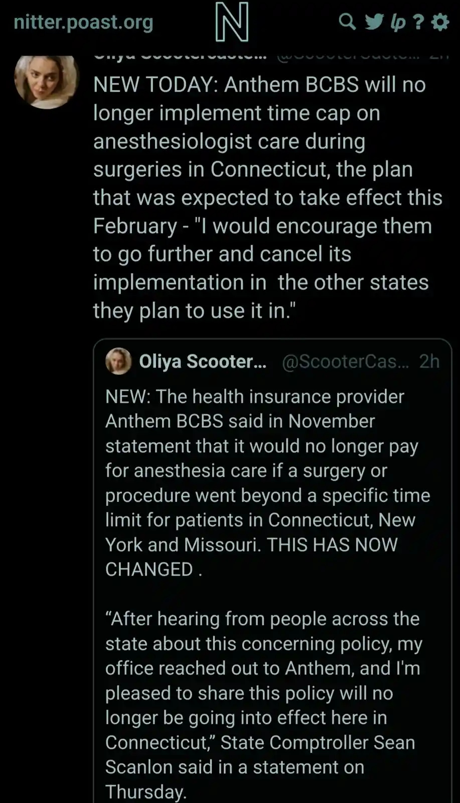The image displays a screenshot of a Twitter thread on nitter.poast.org discussing Anthem BCBS reversing its decision to…