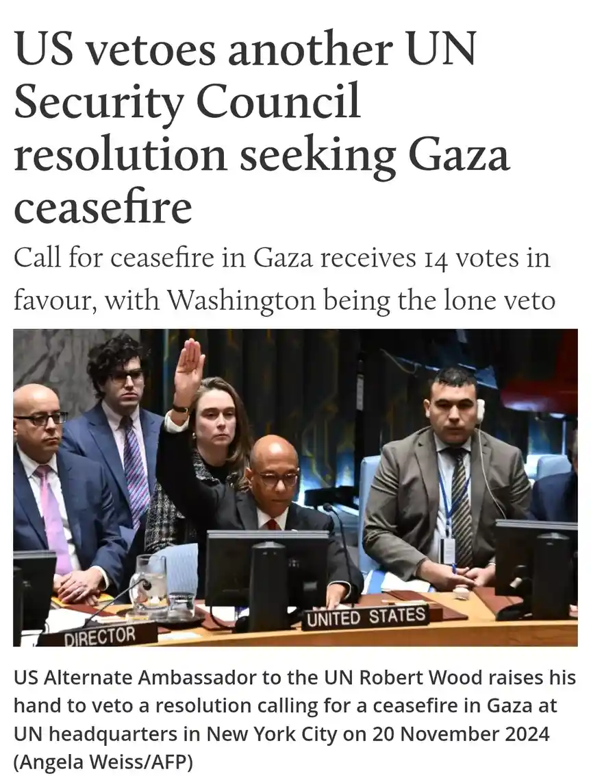 A news photo shows a UN Security Council meeting where a woman raises her hand to veto a resolution. The overlaid text…