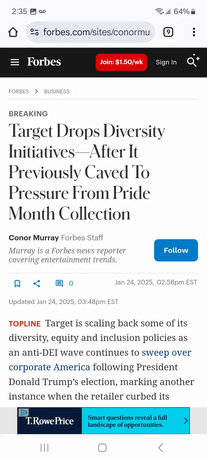 A screenshot of a Forbes article headline reading 'Target Drops Diversity Initiatives—After It Previously Caved To Pressure…