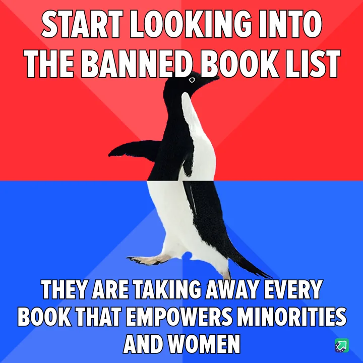 A penguin stands centered against a red and blue background, with bold white text overlaid. The top text reads 'START…
