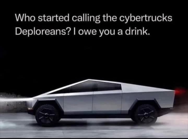 A silver, angular Tesla Cybertruck is shown in profile against a dark background, with white text overlaid at the top…