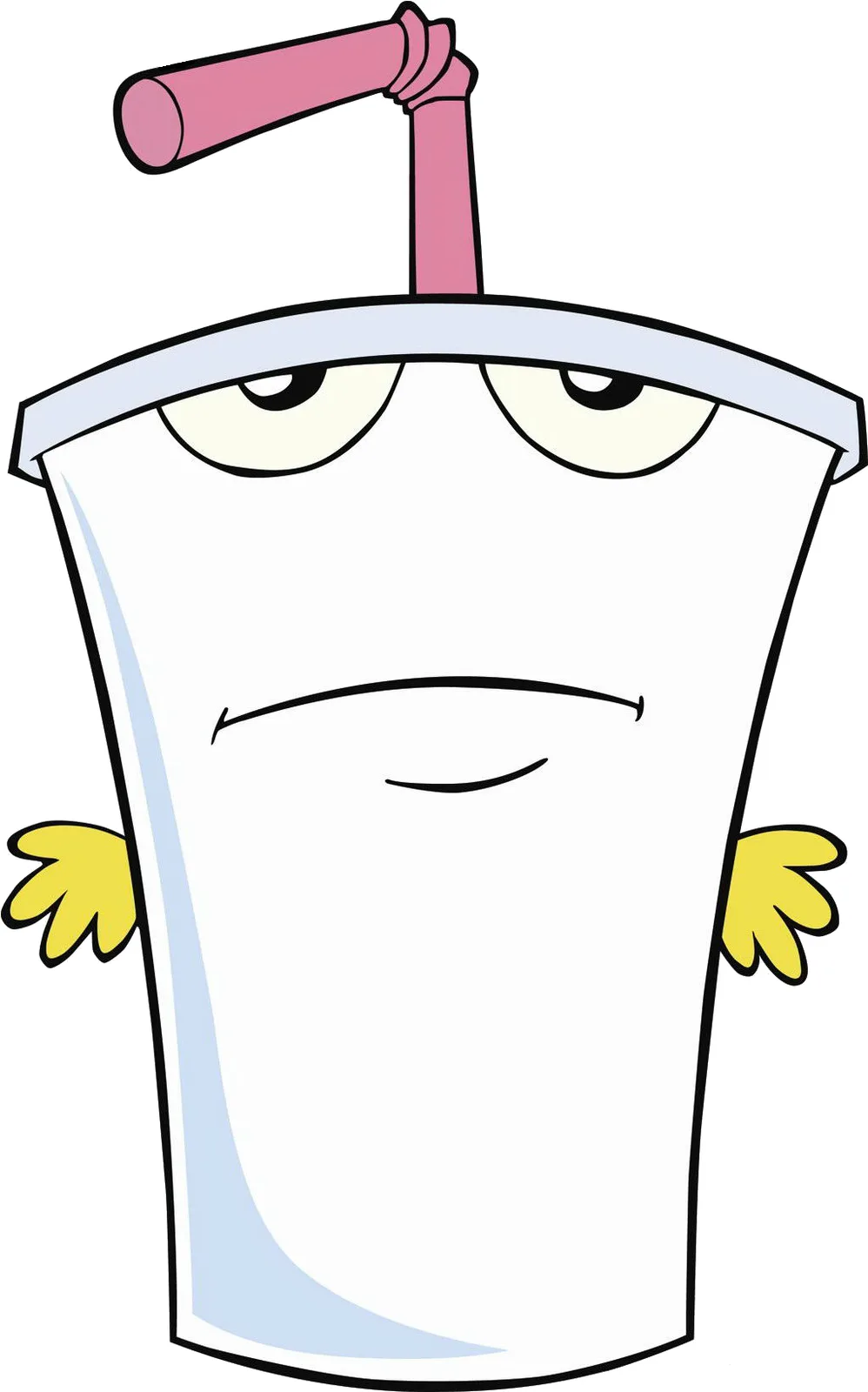 A cartoon white cup with a pink straw on top, featuring a grumpy, tired facial expression with droopy eyes and a downturned…