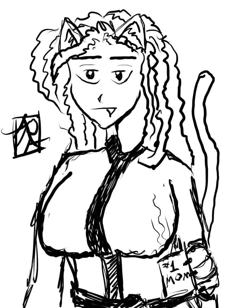 A black-and-white sketch of a person with curly hair and cat ears, wearing a turtleneck and a belt with a tag that reads '#1…