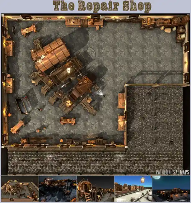 An overhead view of a detailed, rustic repair shop with stone floors, wooden workbenches, scattered tools, and broken-down…