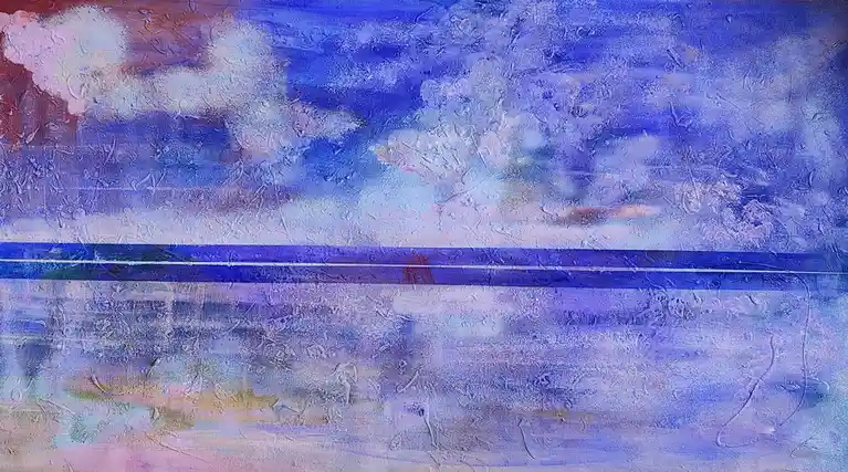 An abstract textured painting with a blue and purple sky and water reflection, overlaid with the text 'i'm not crying…