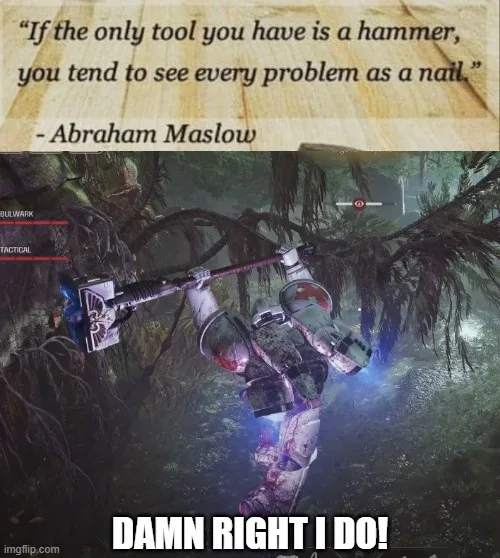 A video game character in a jungle environment, holding a large hammer-like weapon, with the quote 'If the only tool you…