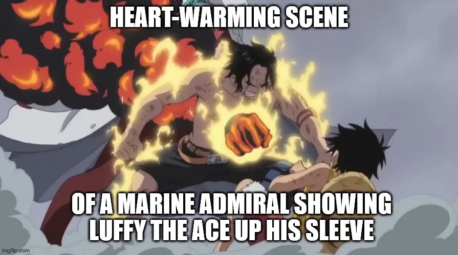 An anime scene shows a muscular man with black hair and a glowing fist surrounded by flames, looming over a smaller boy with…