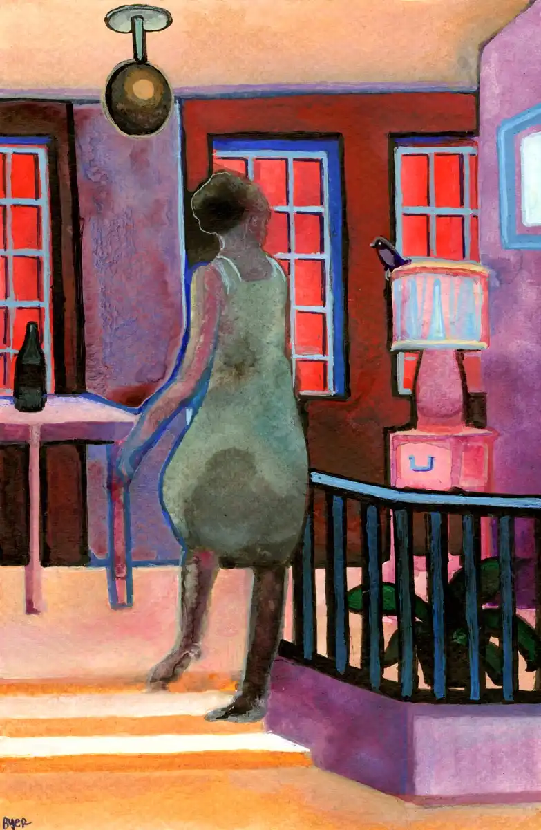 A painting depicts a person in a dress standing on a staircase inside a warmly lit room with red windows, a hanging lamp…