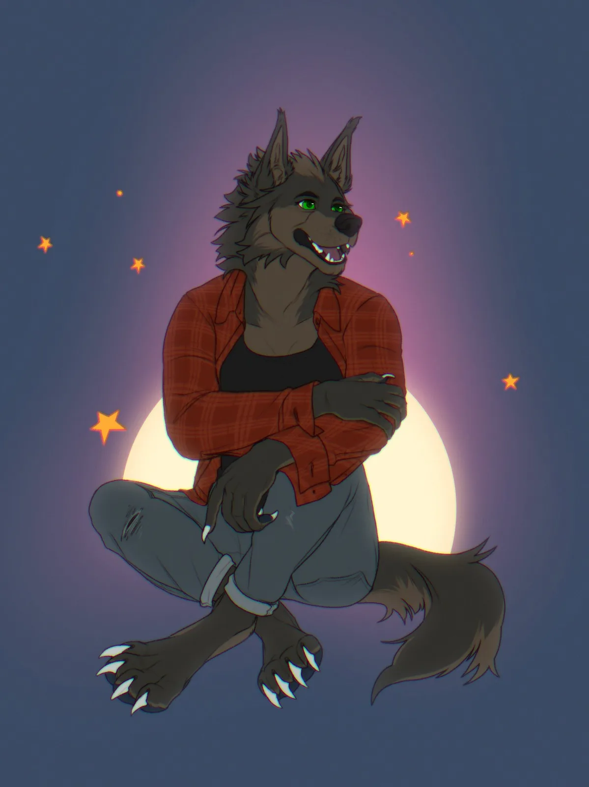 An anthropomorphic wolf with green eyes and grey fur sits cross-legged against a glowing full moon backdrop, wearing a red…