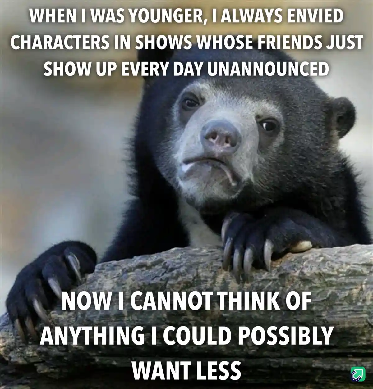 A close-up photo of a sad-looking spectacled bear resting its paws on a log, with white text overlaid in two blocks. The top…