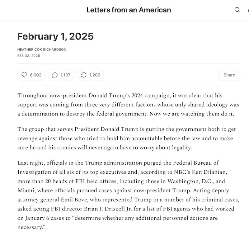 A screenshot of a February 1, 2025, article from 'Letters from an American' by Heather Cox Richardson. The article discusses…