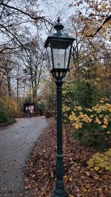 A close-up of a vintage-style black lamppost with a visible Edison bulb inside, standing on a leaf-covered path in an…