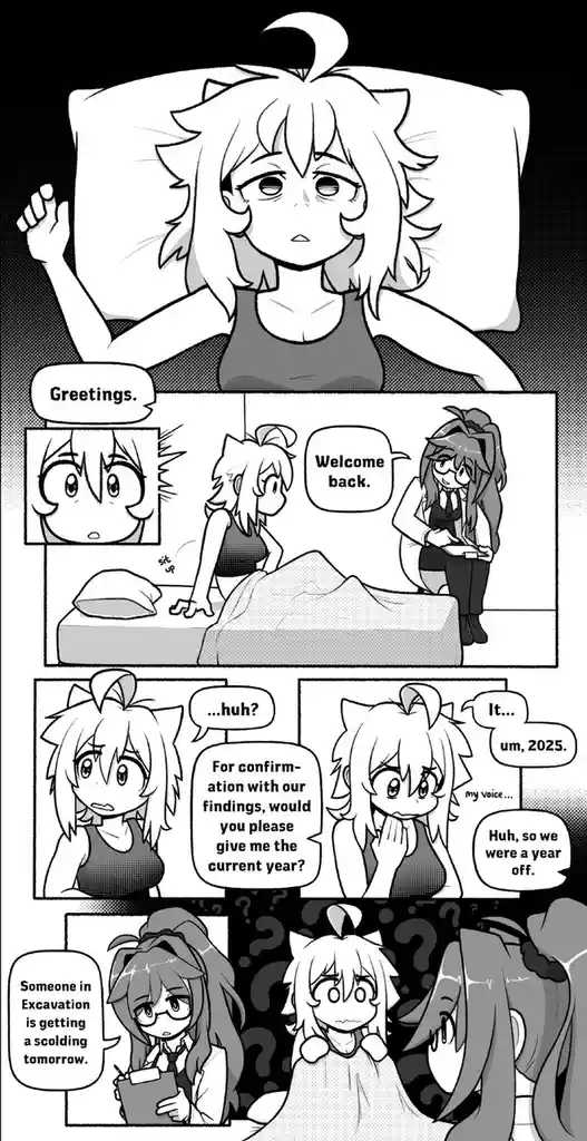 A black-and-white comic strip shows a character waking up in bed, confused by a time discrepancy. They ask another character…
