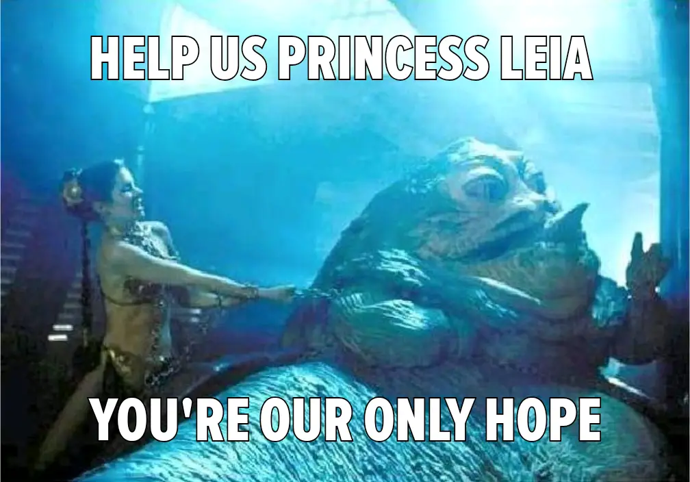 A still from Star Wars shows Princess Leia in a bikini-like outfit reaching out to a large, amphibious creature underwater…