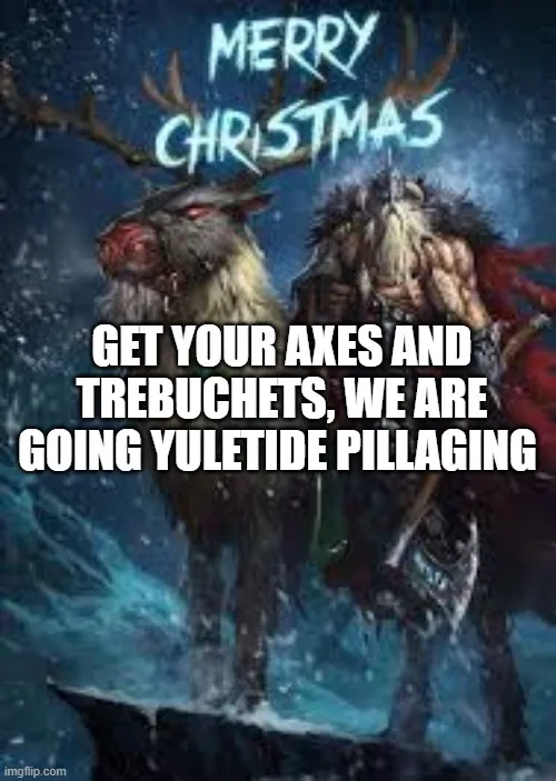 A dark fantasy illustration shows a muscular, bearded warrior with a red cape and axe riding a reindeer-like creature…