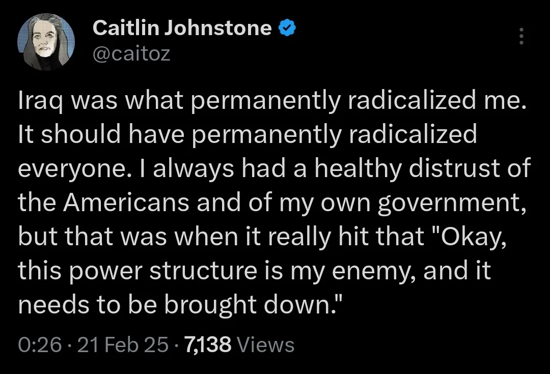 A screenshot of a tweet by Caitlin Johnstone (@caitoz) with a black background and white text. The tweet reads: 'Iraq was…