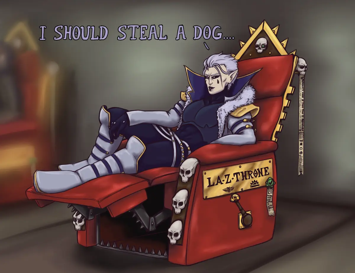 A fantasy elf-like character with white hair and dark armor lounges in a red recliner chair decorated with skulls and…