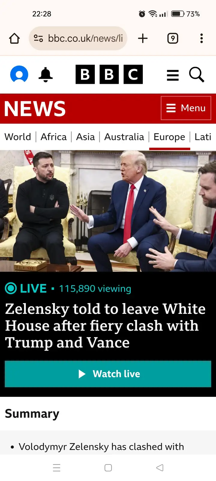 A screenshot of a BBC News mobile page shows a headline about a clash between Volodymyr Zelensky and Donald Trump and Robert…