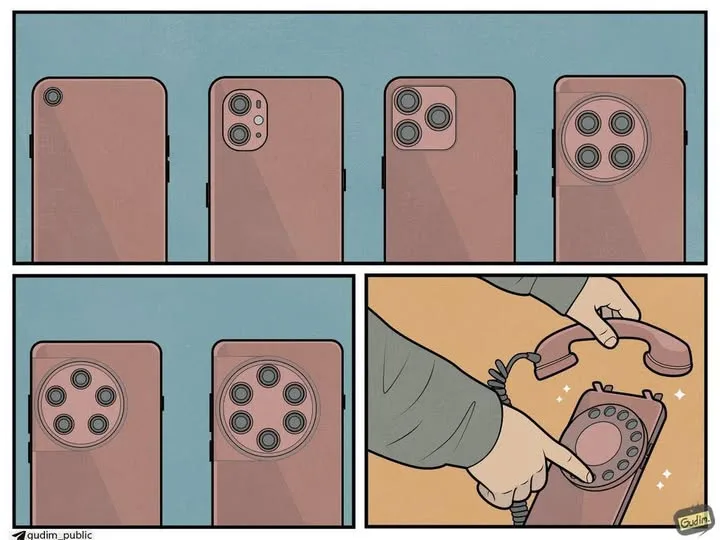 A comic strip showing the progression of smartphone camera designs from single to quad-lens, followed by a panel of a hand…