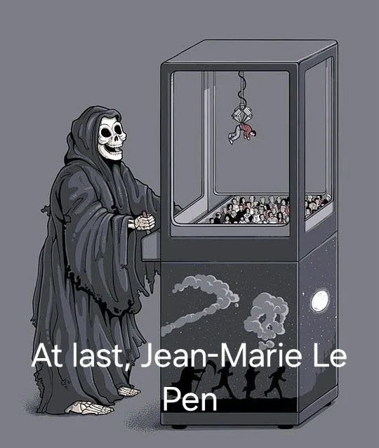 A cartoon Grim Reaper stands beside a claw machine filled with small skulls. Inside the machine, a person is hanging upside…