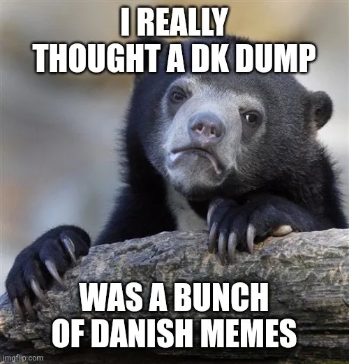 A black bear with a confused and disappointed facial expression is leaning on a log. The text overlaid on the image reads 'I…
