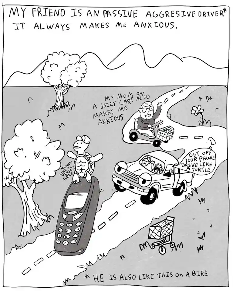 A black-and-white cartoon depicts a person driving a car with an angry face, yelling 'GET OFF YOUR PHONE DRIVE LIKE A…