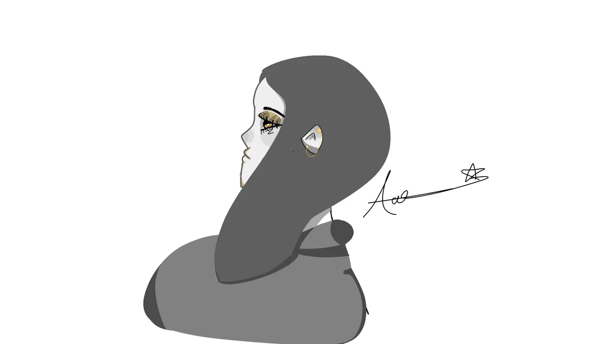 A stylized digital drawing shows a woman's profile with long dark hair, wearing a gold hoop earring and looking to the left…