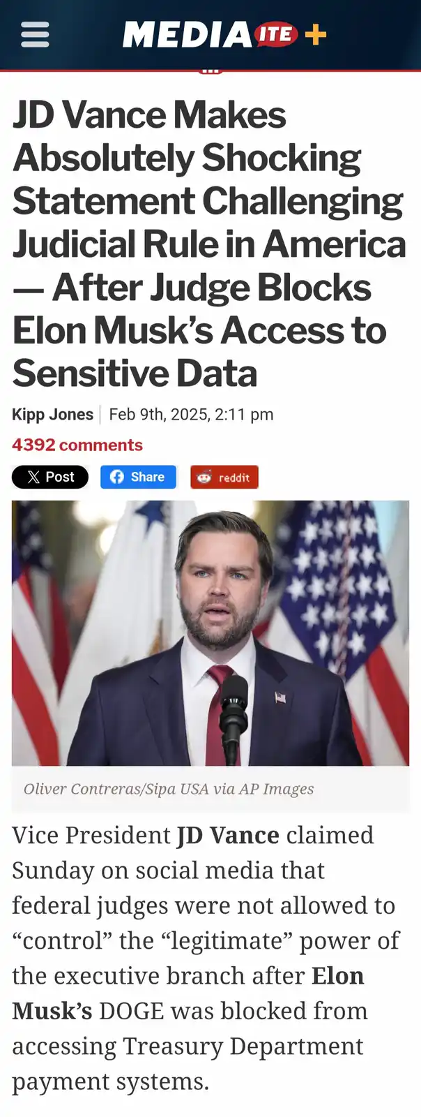 A screenshot of a Mediaite news article shows a photo of JD Vance speaking at a podium with American flags behind him. The…