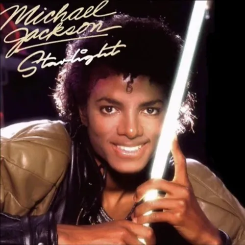A promotional photo of Michael Jackson holding a glowing lightsaber, overlaid with the text 'Michael Jackson Starlight'. He…