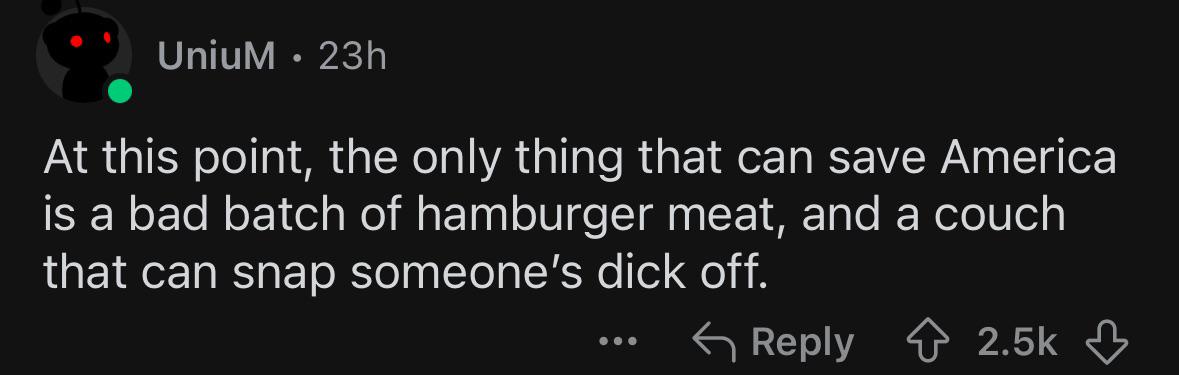 A screenshot of a Reddit comment by user 'UniuM' posted 23 hours ago, featuring white text on a black background. The text…