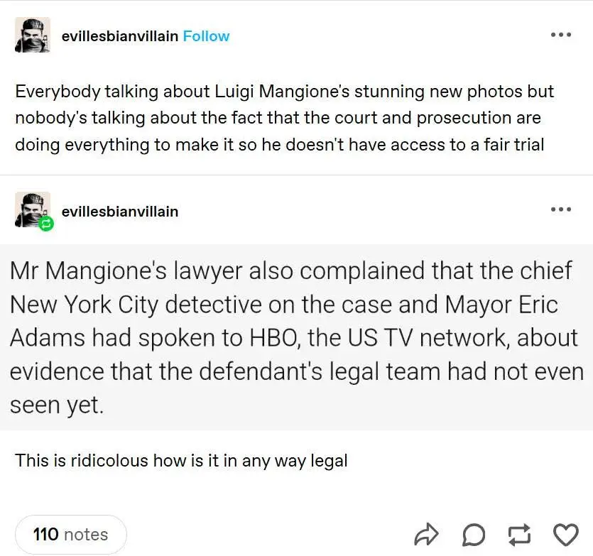A screenshot of two tweets from user 'evillesbianvillain' criticizing the legal proceedings against Luigi Mangione. The…