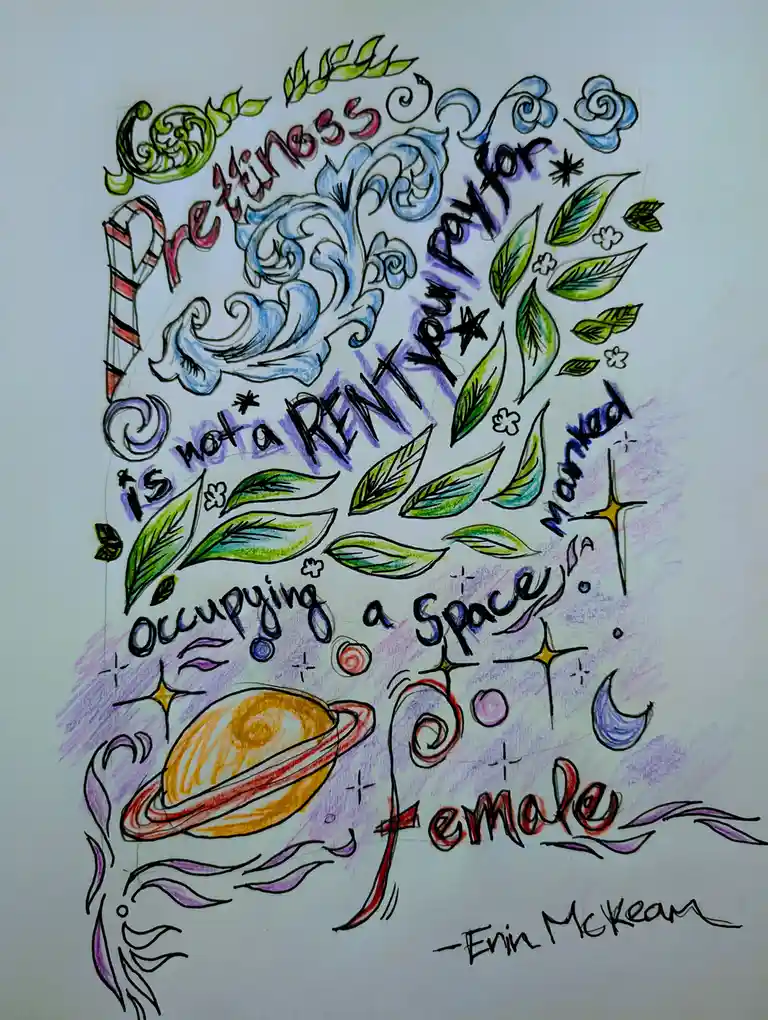 A colorful hand-drawn illustration features swirling decorative elements, leaves, a candy cane, a planet with rings, and…