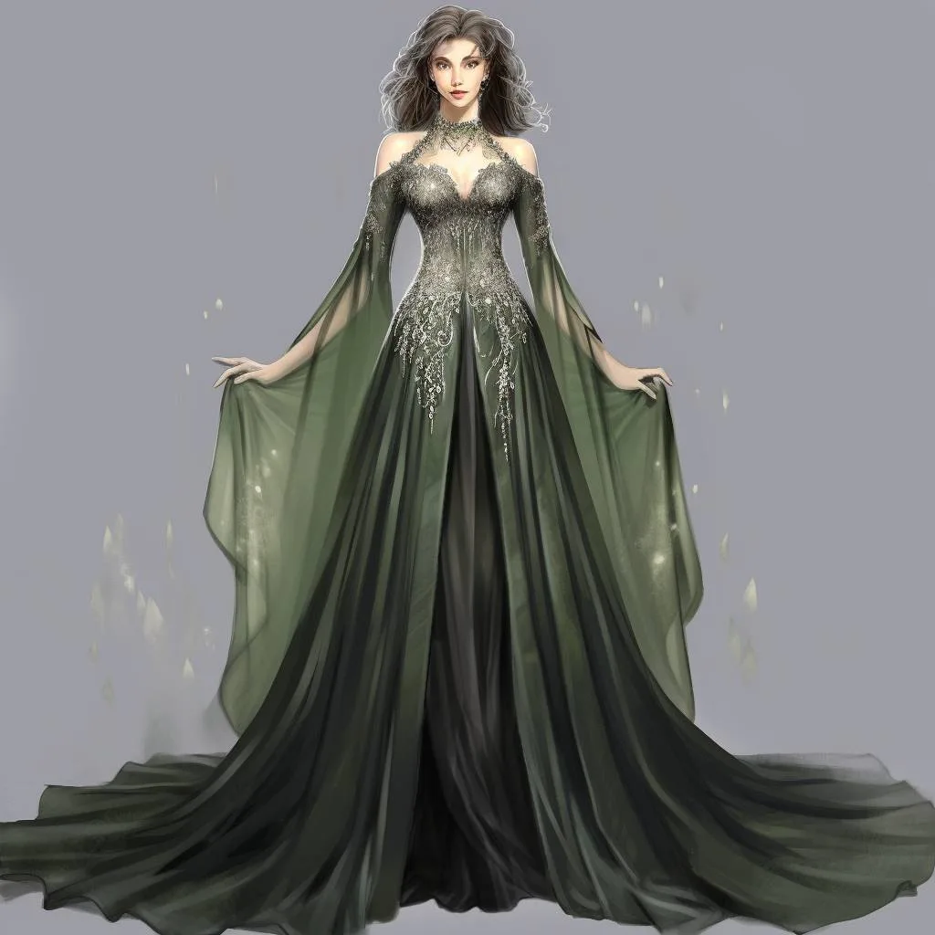A digitally rendered woman with wavy gray hair stands in a flowing, dark green, off-the-shoulder gown adorned with intricate…