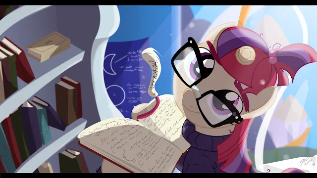 A cartoon pony with glasses and a purple bow is surrounded by books and scrolls, looking exhausted while holding an open…