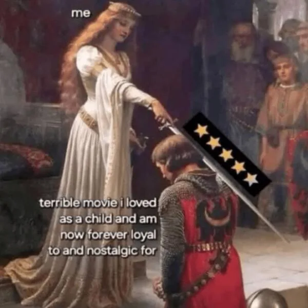 A classical painting depicts a woman in a white gown holding a sword over a kneeling man in armor. Text overlaid on the…