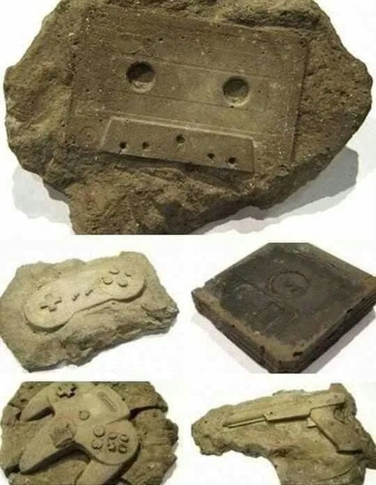 A collage of four images shows ancient-looking stone artifacts that are clearly carved to resemble a cassette tape, a…