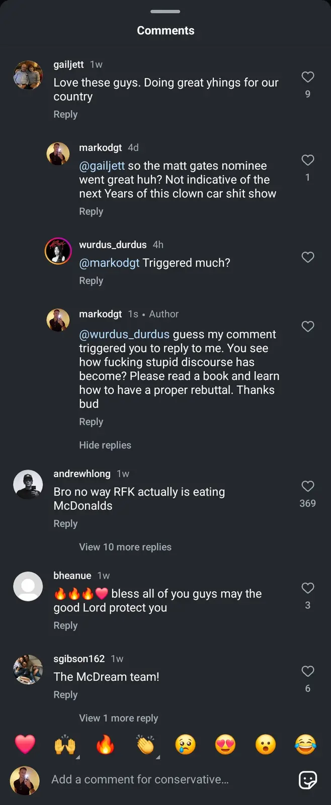 A screenshot of a social media comment thread shows a user named markodgt responding to a comment about 'matt gates nominee'…