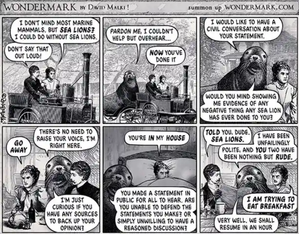 A six-panel black-and-white comic strip from 'Wondermark' by David Malki, depicting a man and woman in a steam-powered…