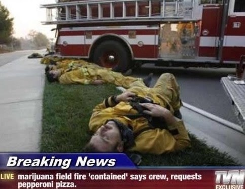Several exhausted firefighters in yellow turnout gear lie sprawled on a grassy patch beside a red fire truck. One…