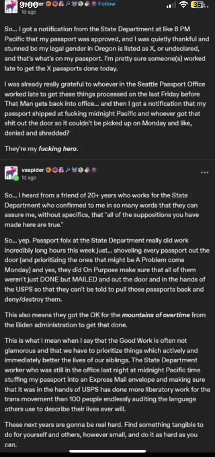 A screenshot of a Reddit post where the user recounts how State Department passport workers worked late to mail out…