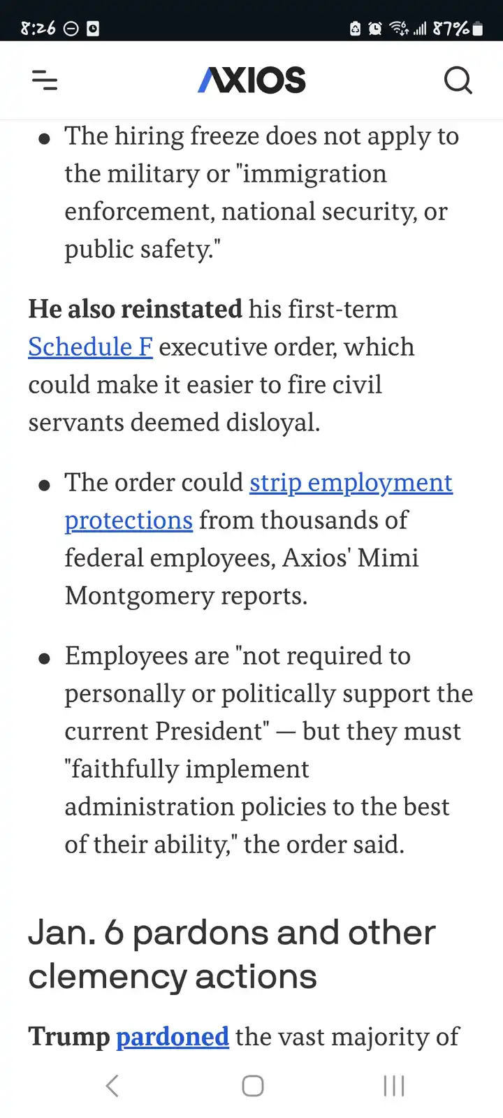 A screenshot of an Axios news article detailing executive orders, including a hiring freeze exemption for military and…