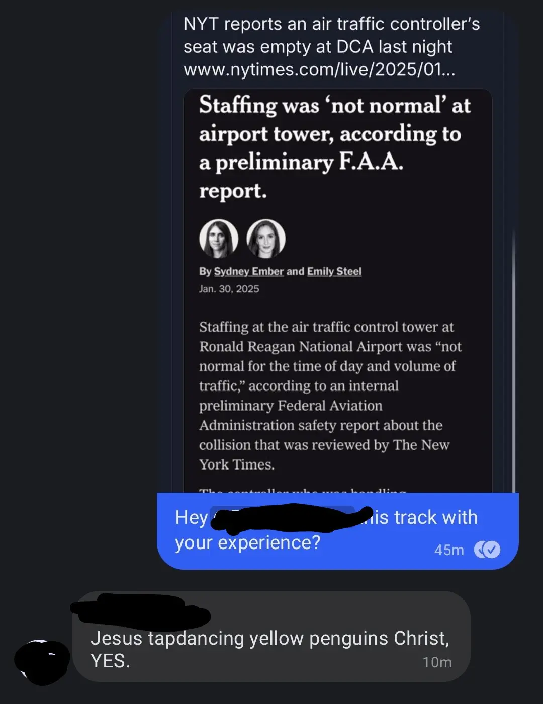 A screenshot of a phone chat shows one person asking if another's experience matches a news article about an air traffic…