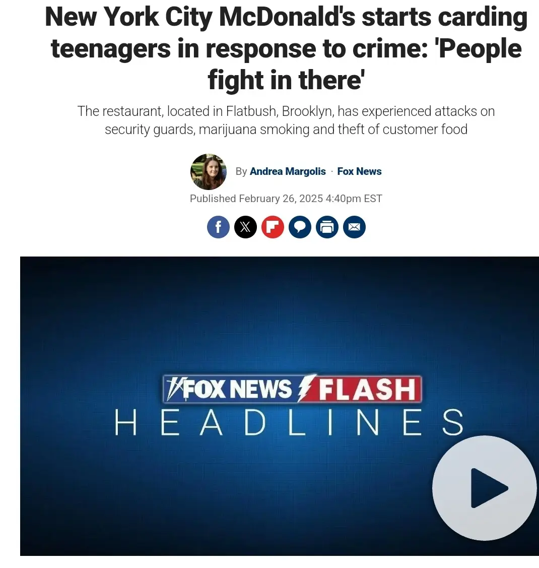 A screenshot of a Fox News article headline about a New York City McDonald's starting to card teenagers due to reported…