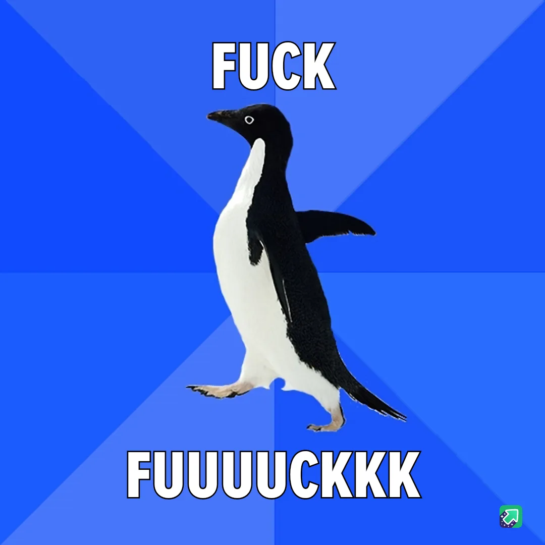A black-and-white penguin stands against a blue background with diagonal stripes, looking slightly to the side. The word…