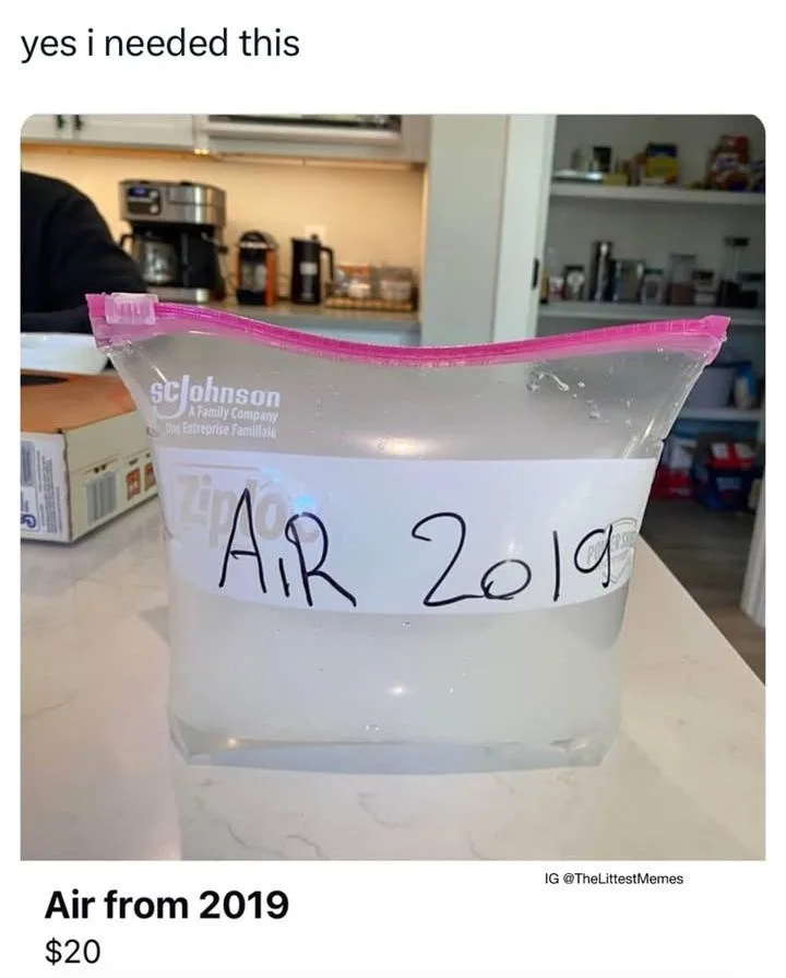 A clear Ziploc bag with a pink zipper sits on a kitchen counter, filled with a cloudy liquid and labeled 'AIR 2019' in black…