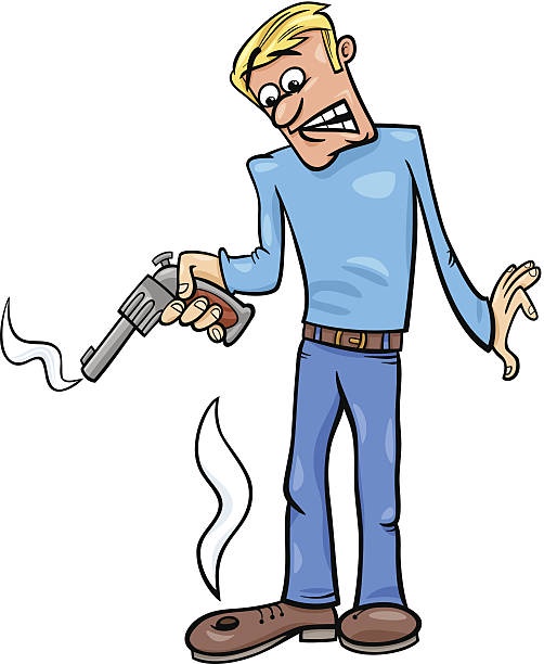 A cartoon man with blonde hair, wearing a blue shirt and jeans, holds a smoking revolver in his right hand while his left…
