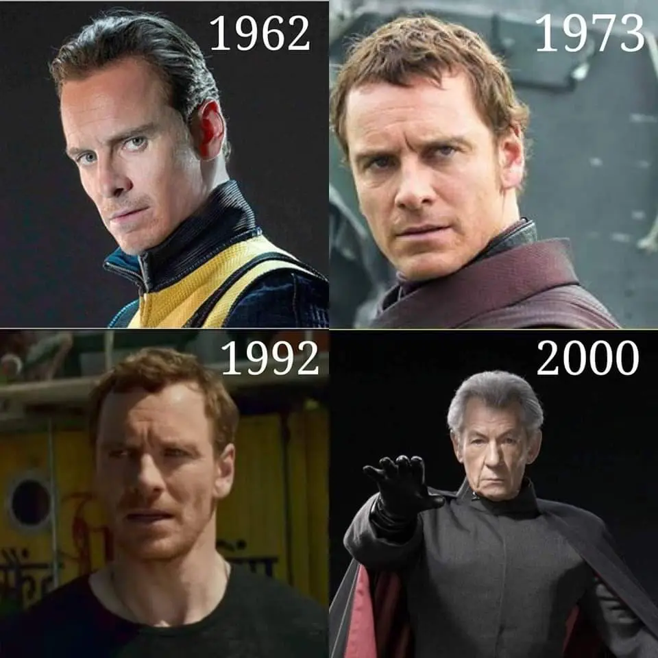A four-panel image shows actor Michael Fassbender in four different roles with years overlaid: top-left is a younger…