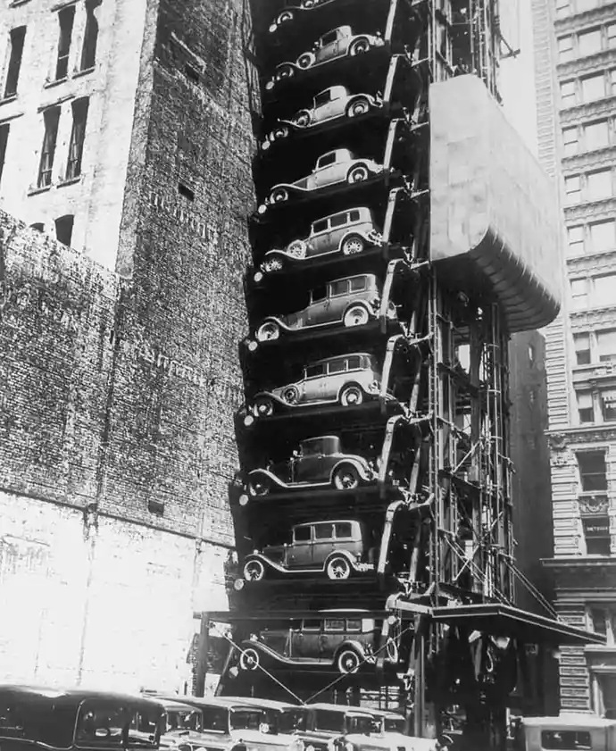 A Historic Glimpse: 48 Cars in a Downtown Chicago Elevator Garage - 1936