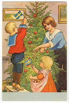 a vintage-style illustration shows a young boy in a red sweater and blue shorts hanging a small swedish flag from a…