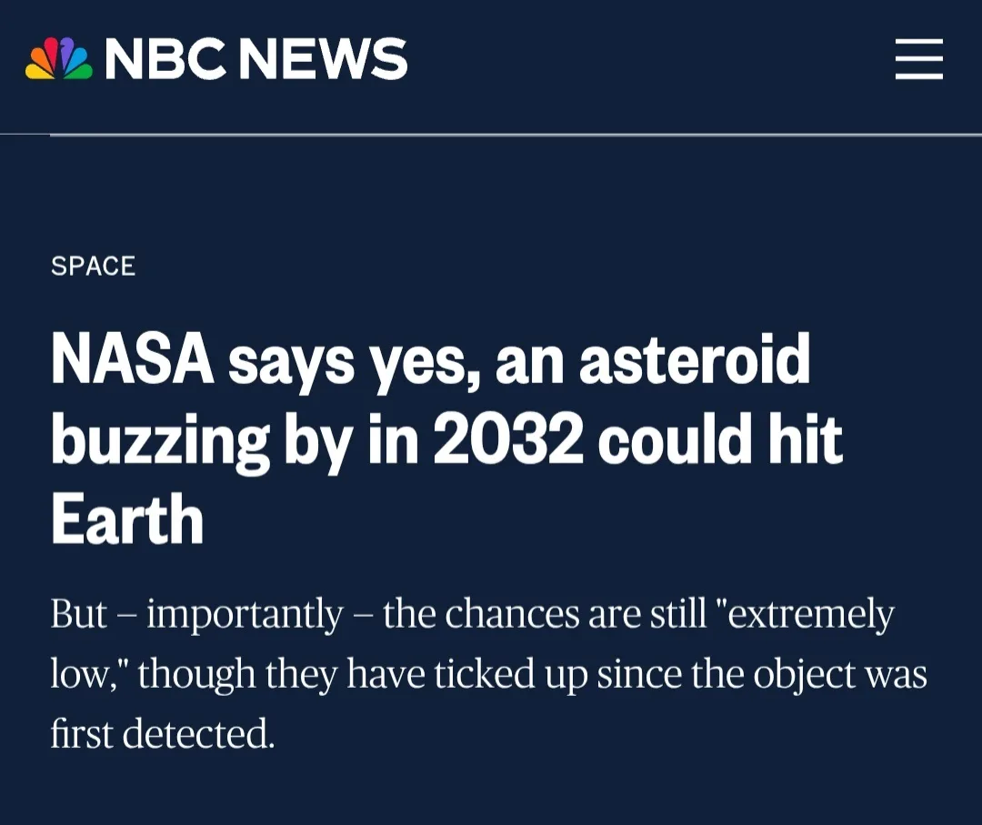 A screenshot of an NBC News article under the 'SPACE' category, with a headline stating NASA confirms a 2032 asteroid flyby…